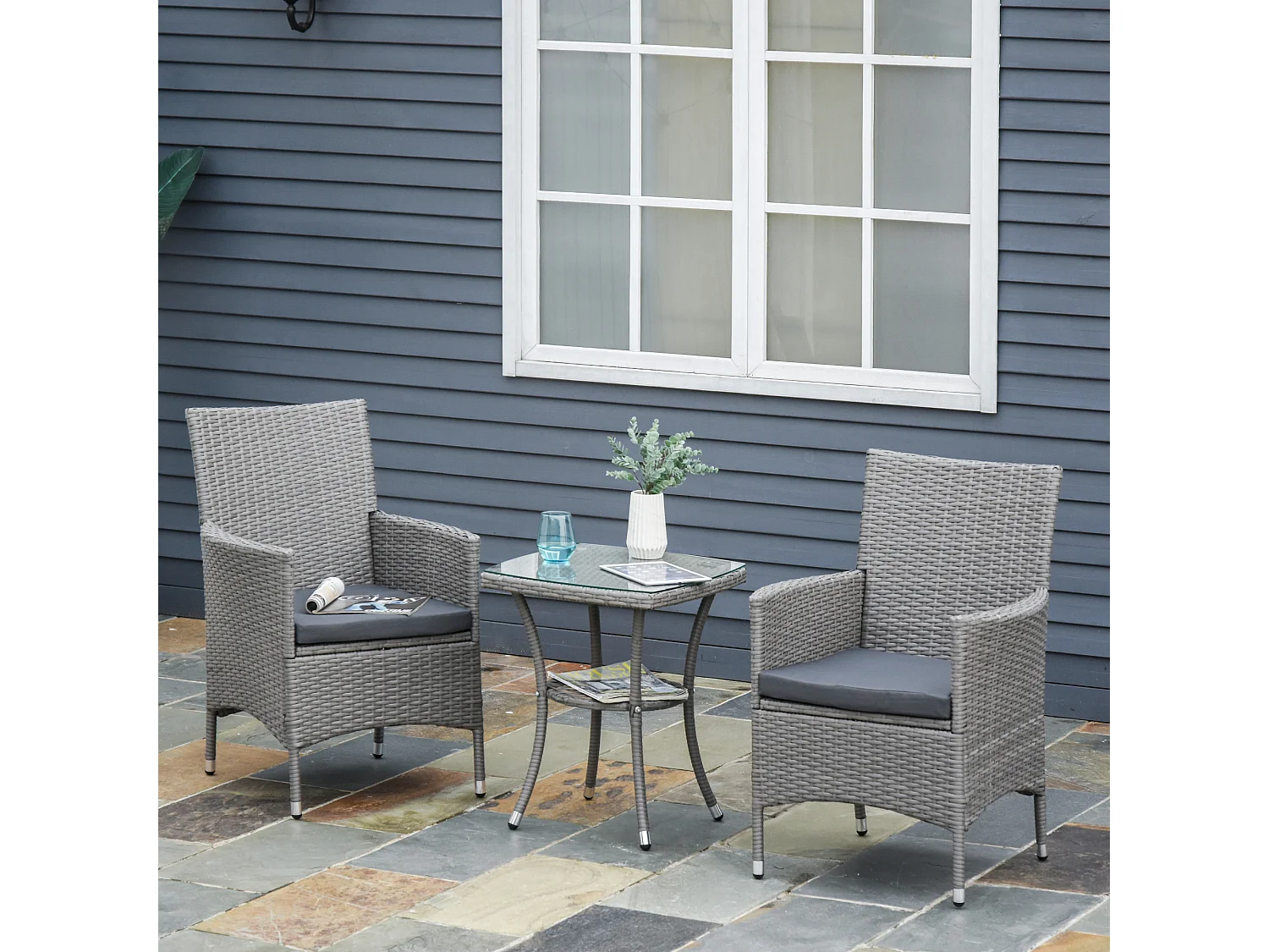 Set tavolino e sedie da giardino salotto da esterno in rattan grigio