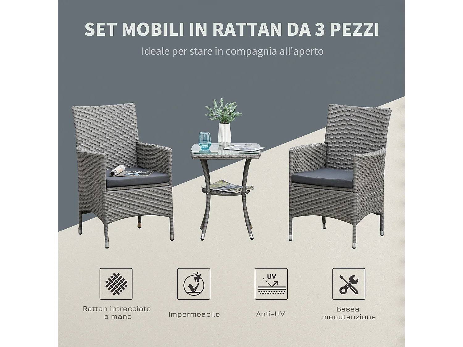 Set tavolino e sedie da giardino salotto da esterno in rattan grigio