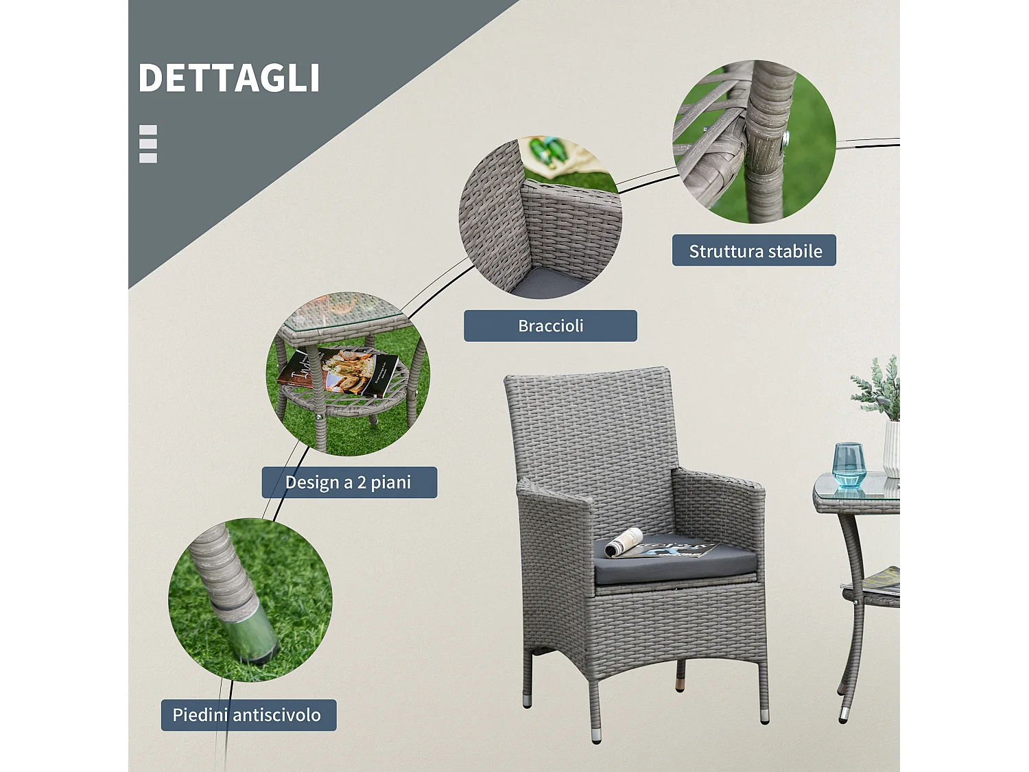 Set tavolino e sedie da giardino salotto da esterno in rattan grigio