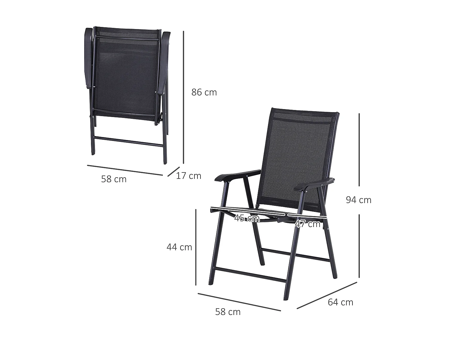 Set 2 sedie da giardino pieghevoli con braccioli nero