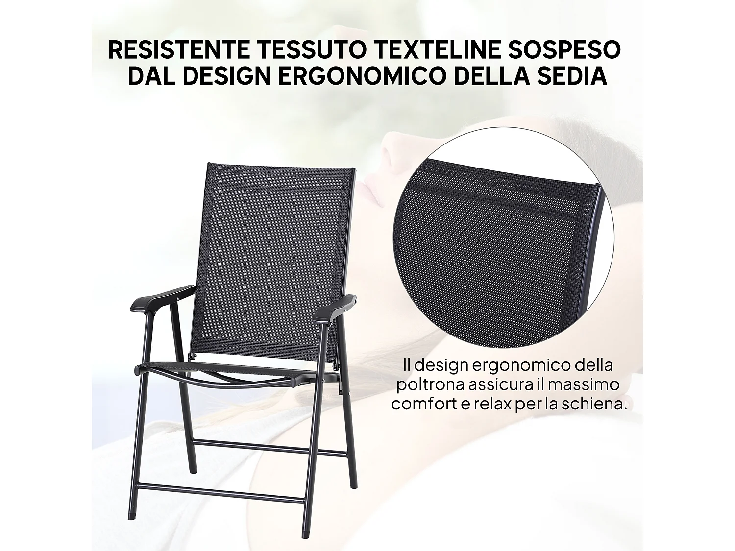 Set 2 sedie da giardino pieghevoli con braccioli nero