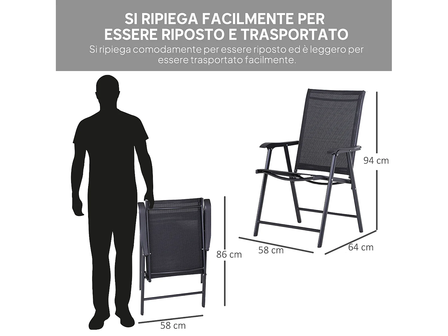 Set 2 sedie da giardino pieghevoli con braccioli nero