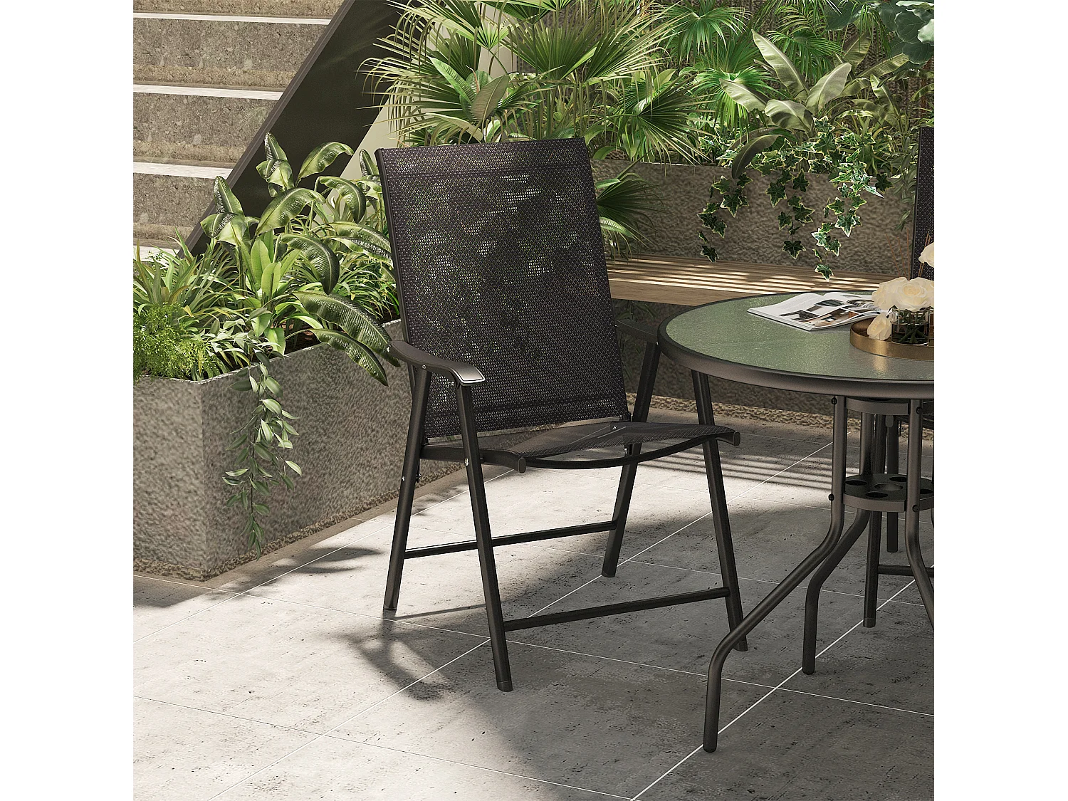 Set 2 sedie da giardino pieghevoli con braccioli nero