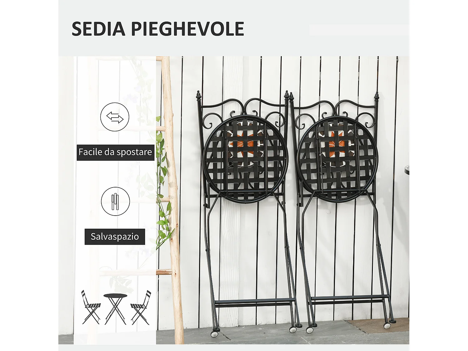 Mobili da giardino set 3 pezzi 2 sedie pieghevoli 1 tavolino