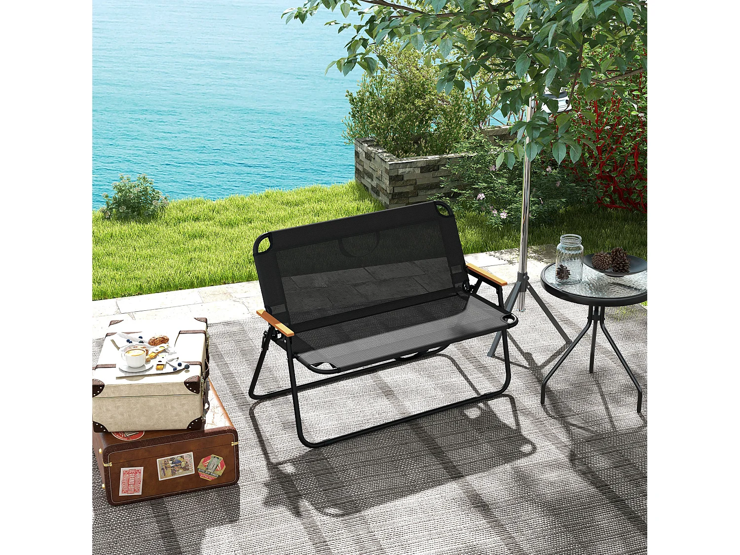 Sedia da campeggio 2 posti pieghevole in acciaio e tessuto nero