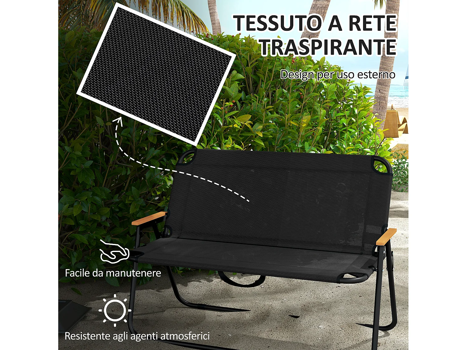 Sedia da campeggio 2 posti pieghevole in acciaio e tessuto nero