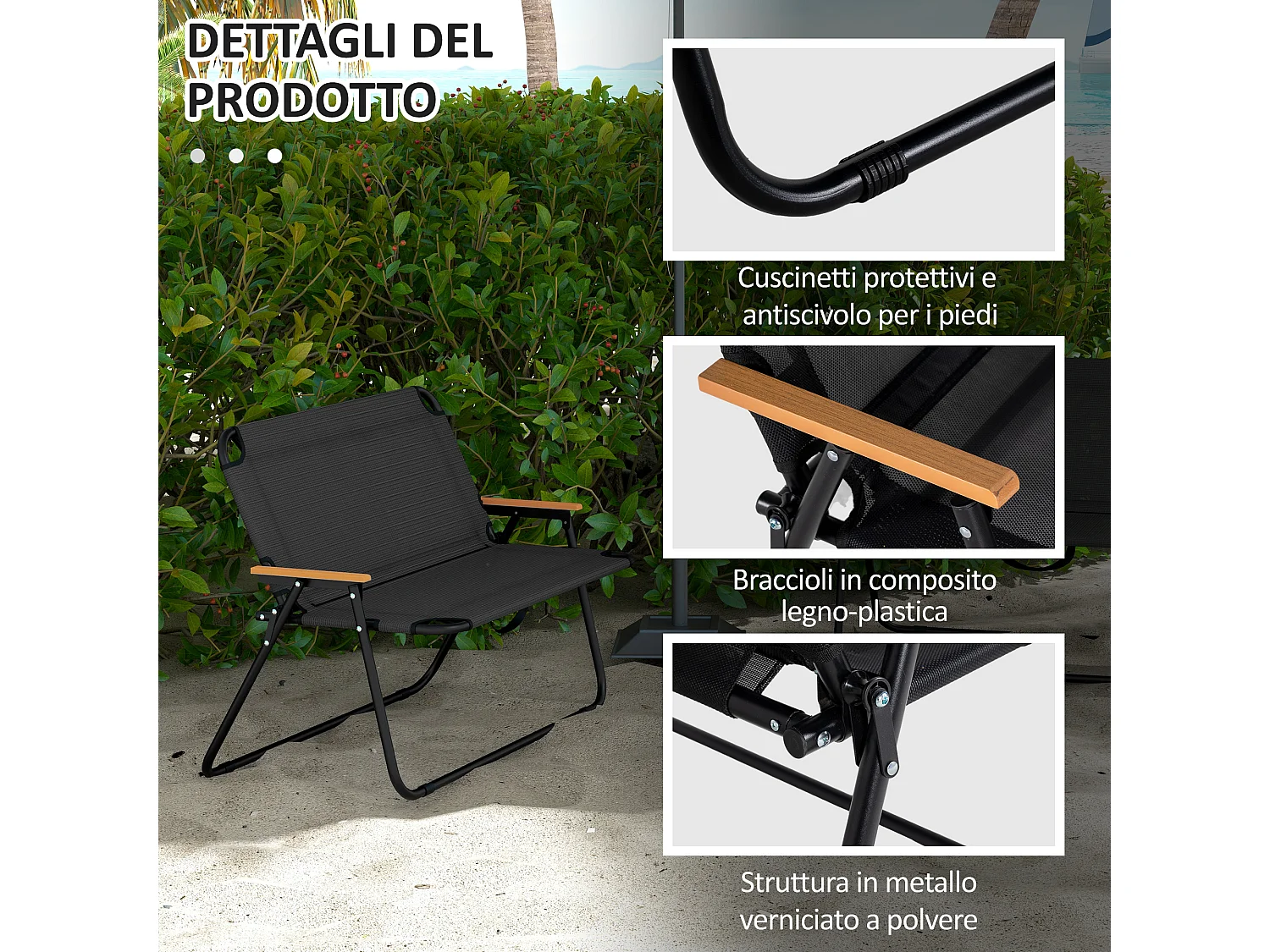 Sedia da campeggio 2 posti pieghevole in acciaio e tessuto nero