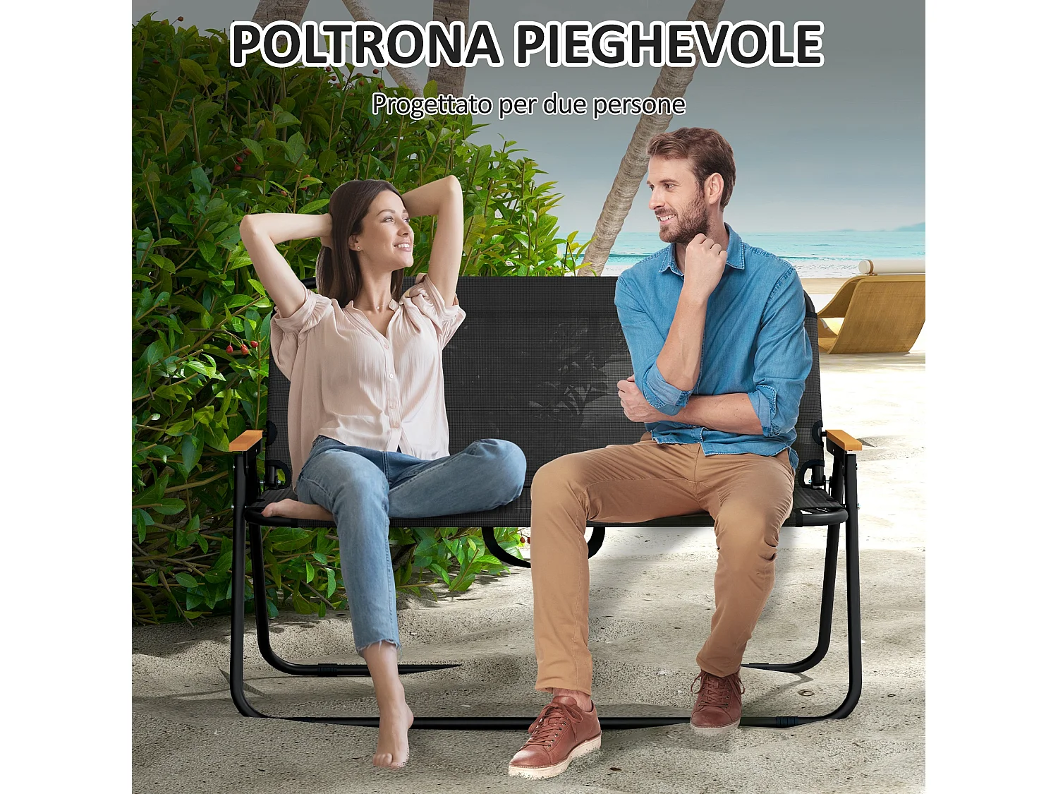 Sedia da campeggio 2 posti pieghevole in acciaio e tessuto nero