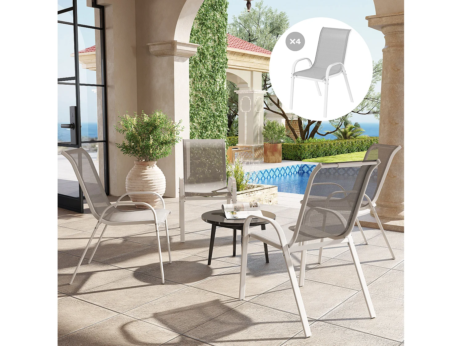 4 sedie da giardino impilabili e traspiranti 54x71x93 cm bianco grigio
