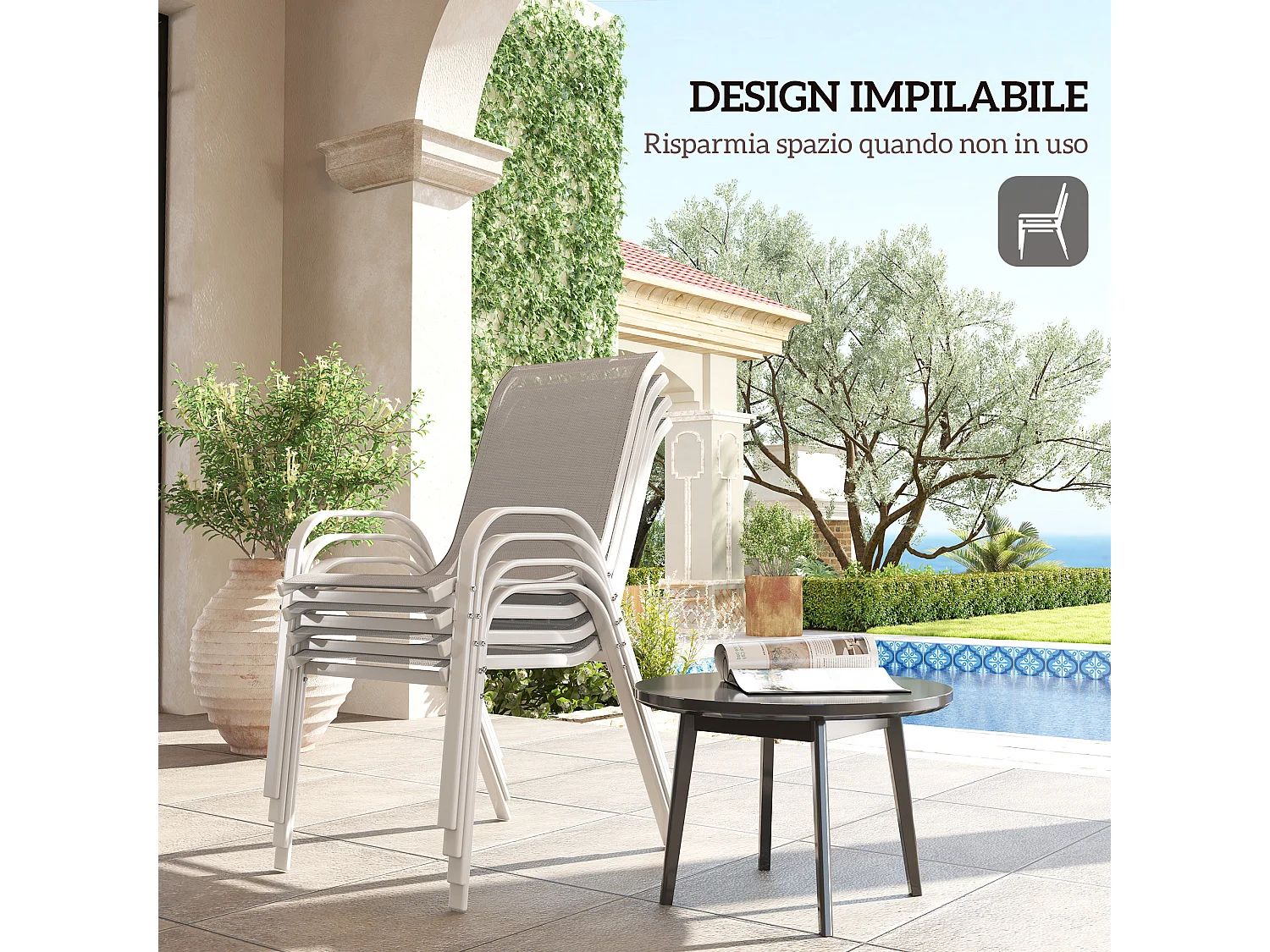 4 sedie da giardino impilabili e traspiranti 54x71x93 cm bianco grigio