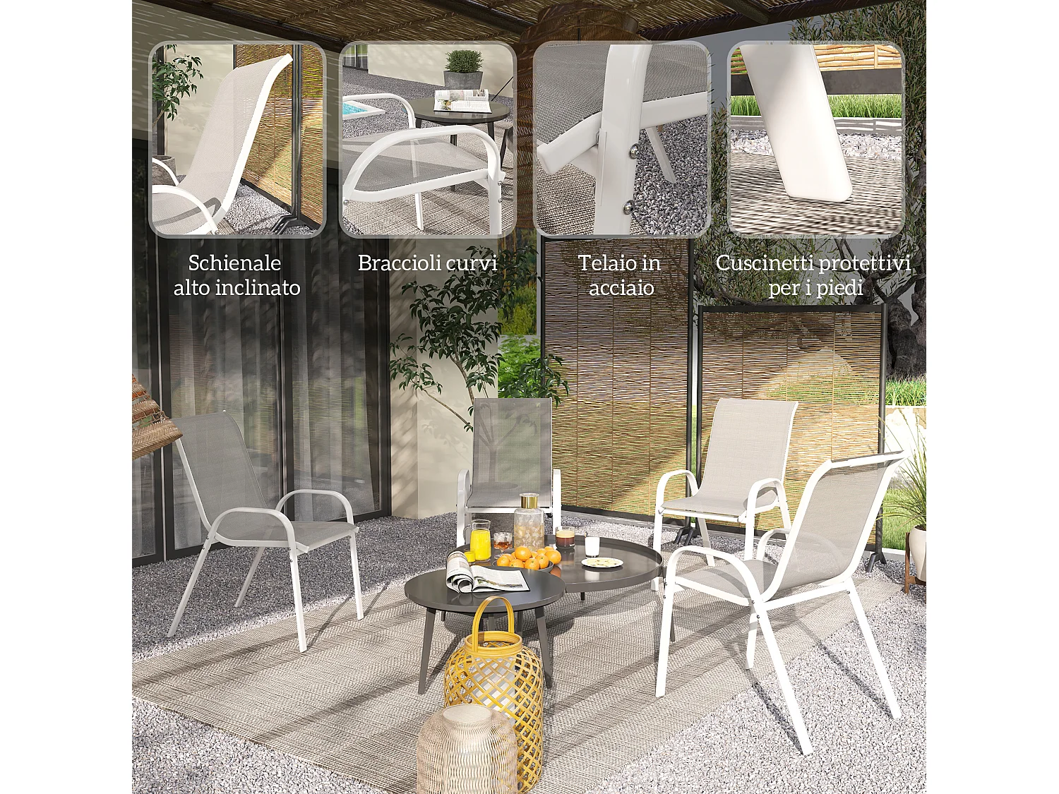 4 sedie da giardino impilabili e traspiranti 54x71x93 cm bianco grigio