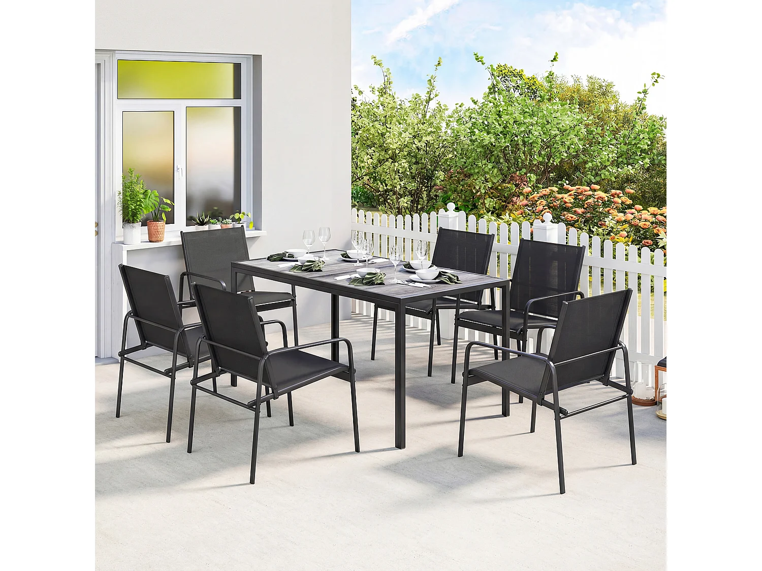 Set tavolo e sedie da giardino 7pz in acciaio nero
