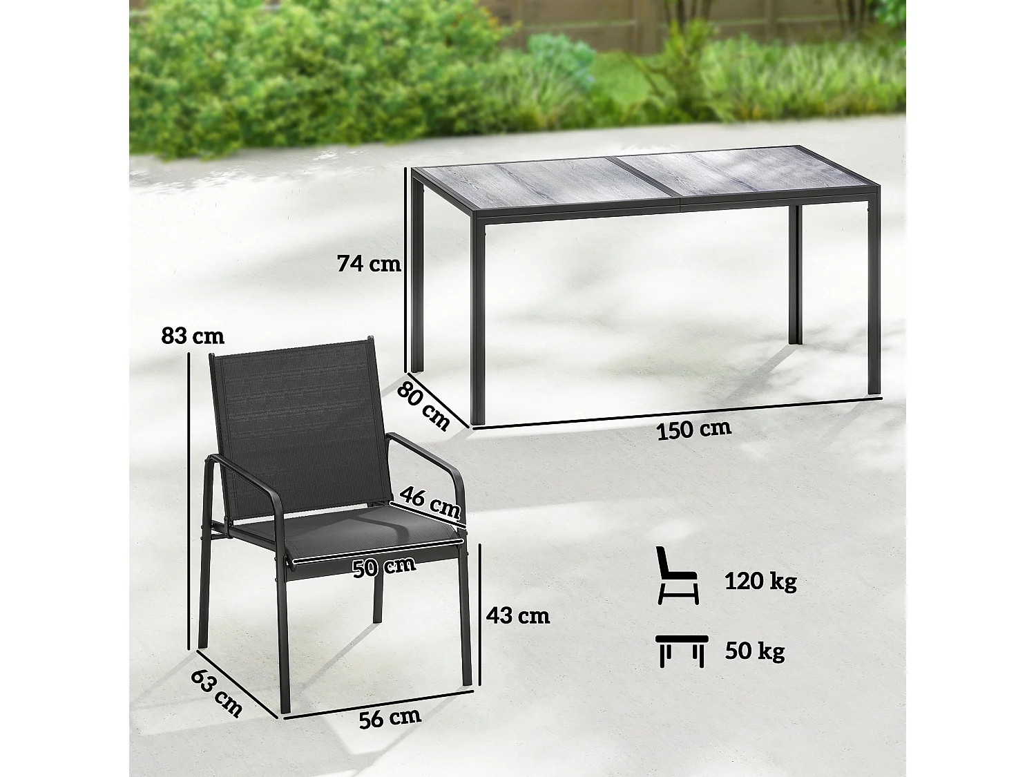 Set tavolo e sedie da giardino 7pz in acciaio nero