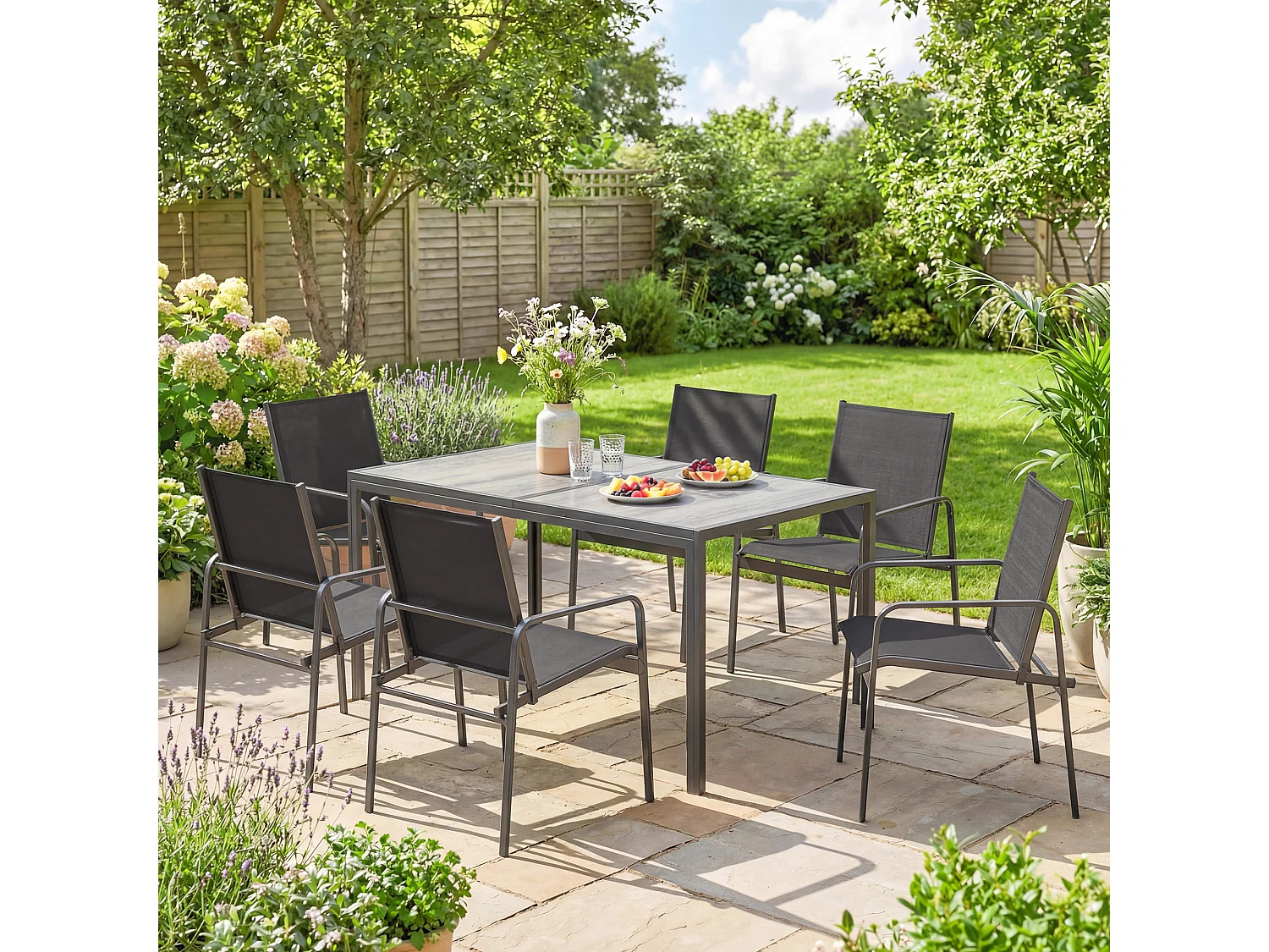 Set tavolo e sedie da giardino 7pz in acciaio nero