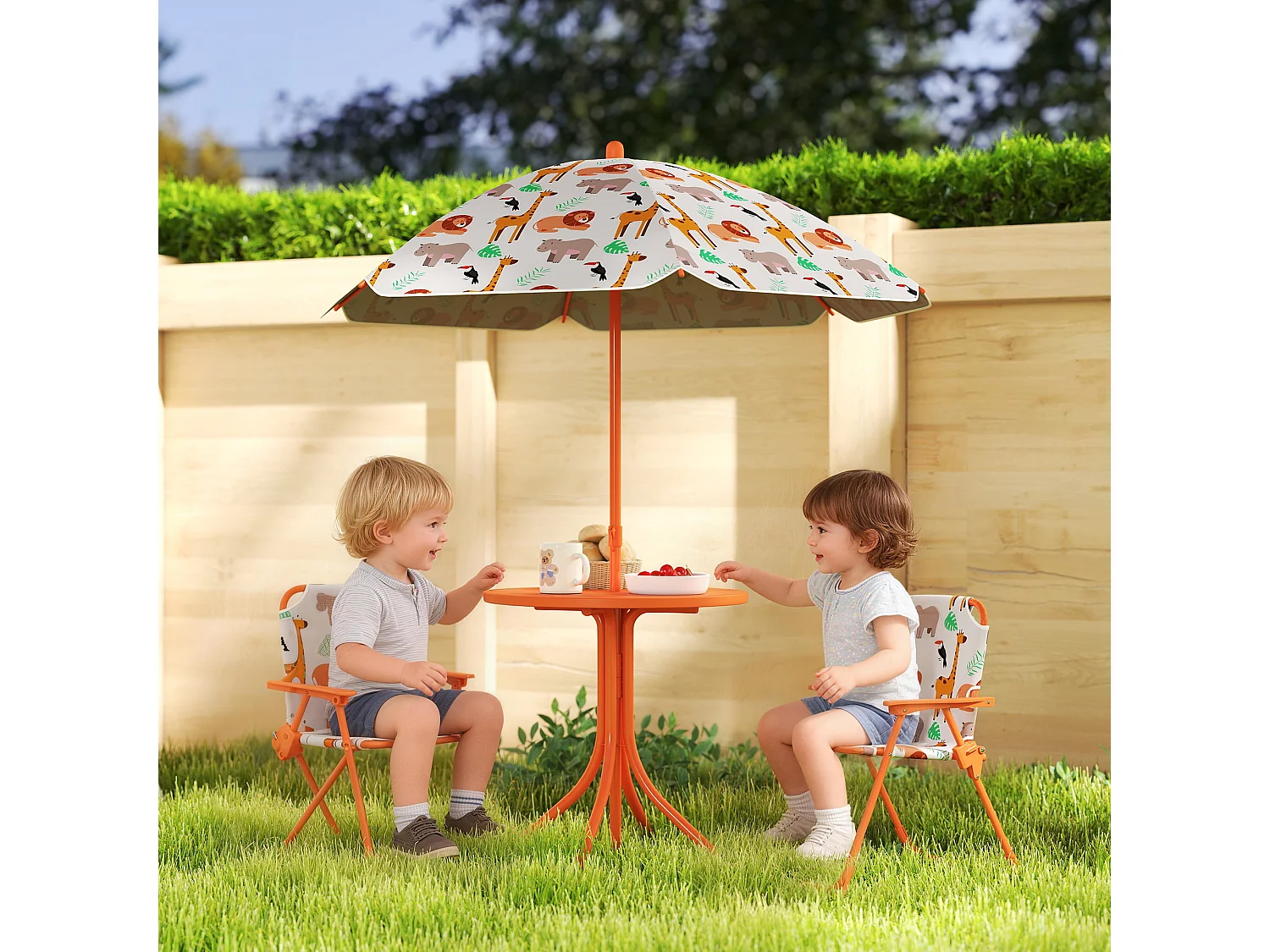 Set da giardino per bambini con ombrellone in metallo arancione
