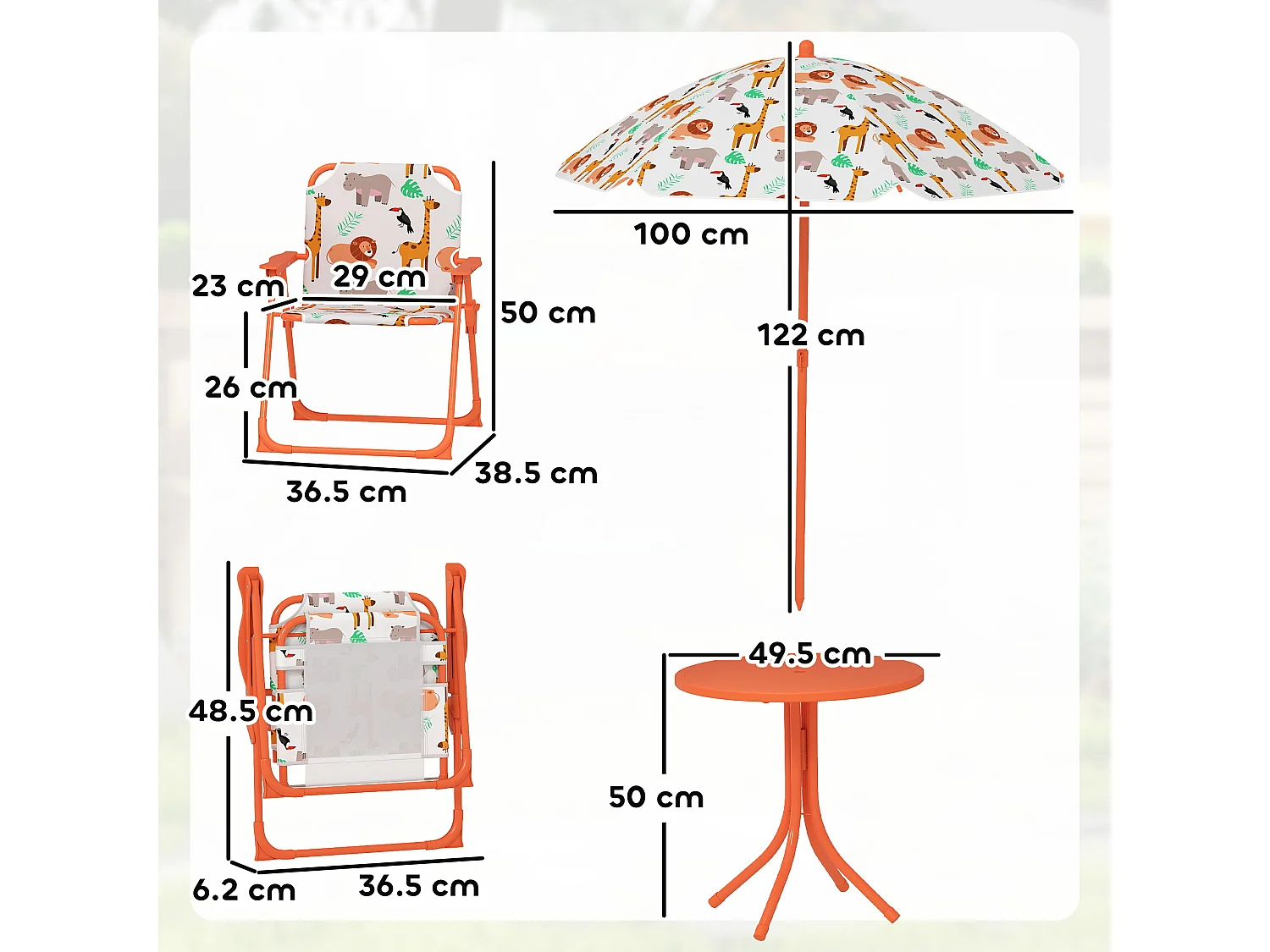 Set da giardino per bambini con ombrellone in metallo arancione