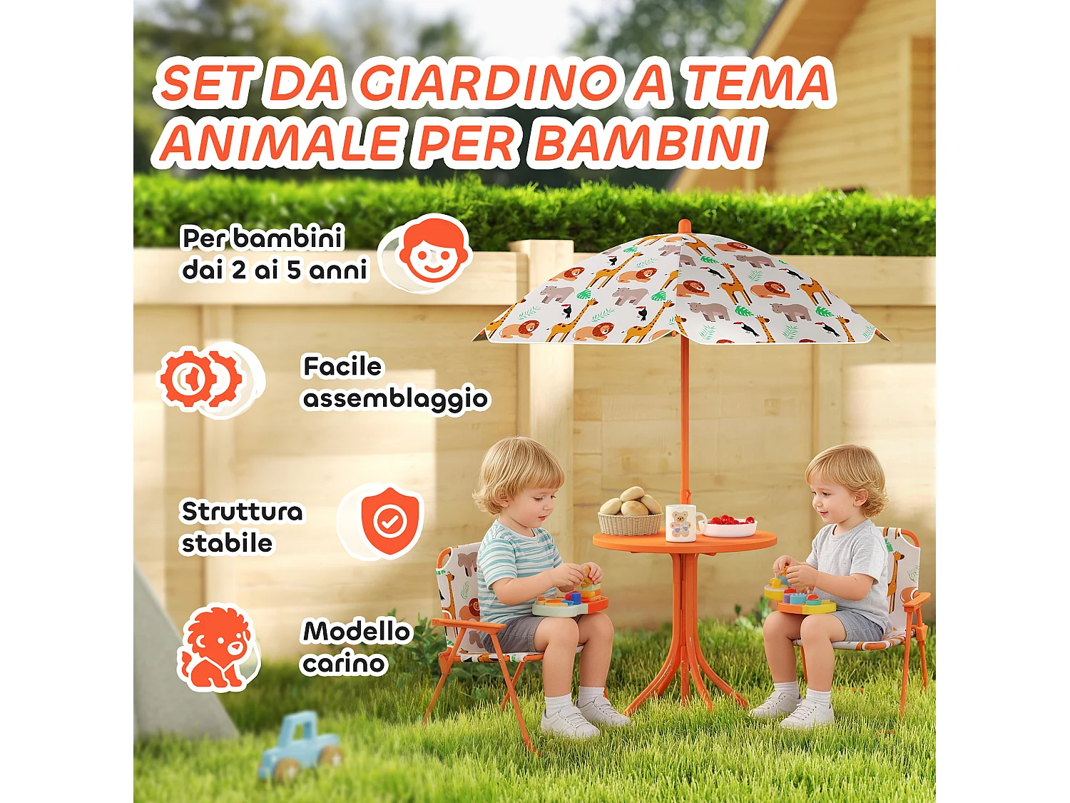 Set da giardino per bambini con ombrellone in metallo arancione
