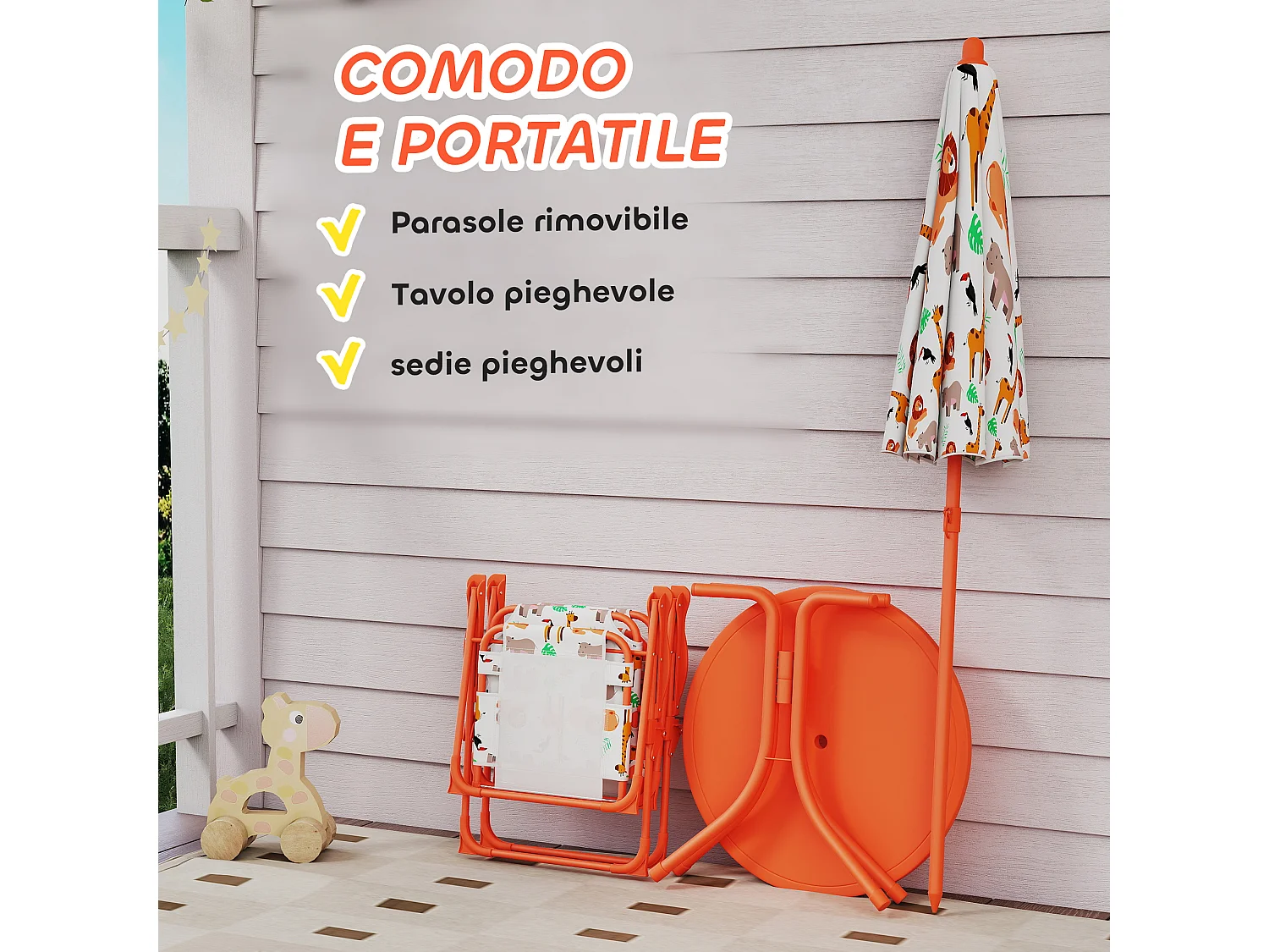 Set da giardino per bambini con ombrellone in metallo arancione