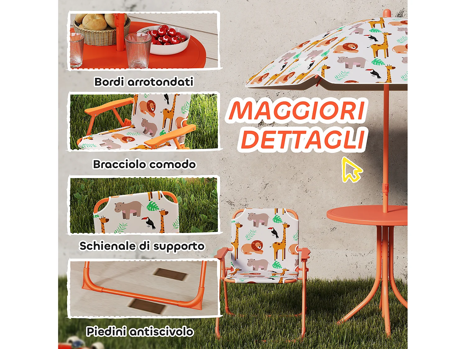 Set da giardino per bambini con ombrellone in metallo arancione