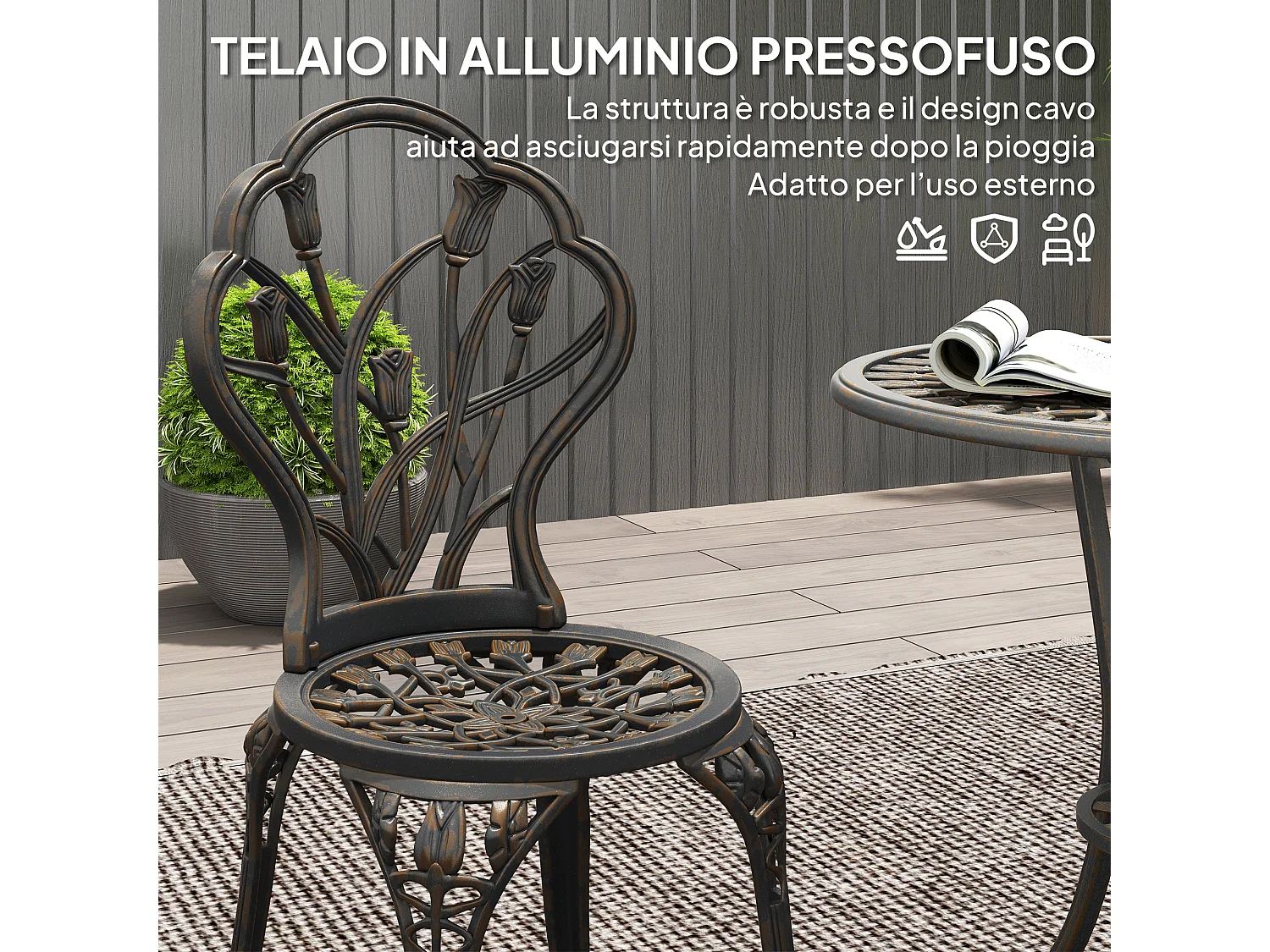Set da giardino 3pz con 2 sedie e tavolo rotondo in alluminio bronzo