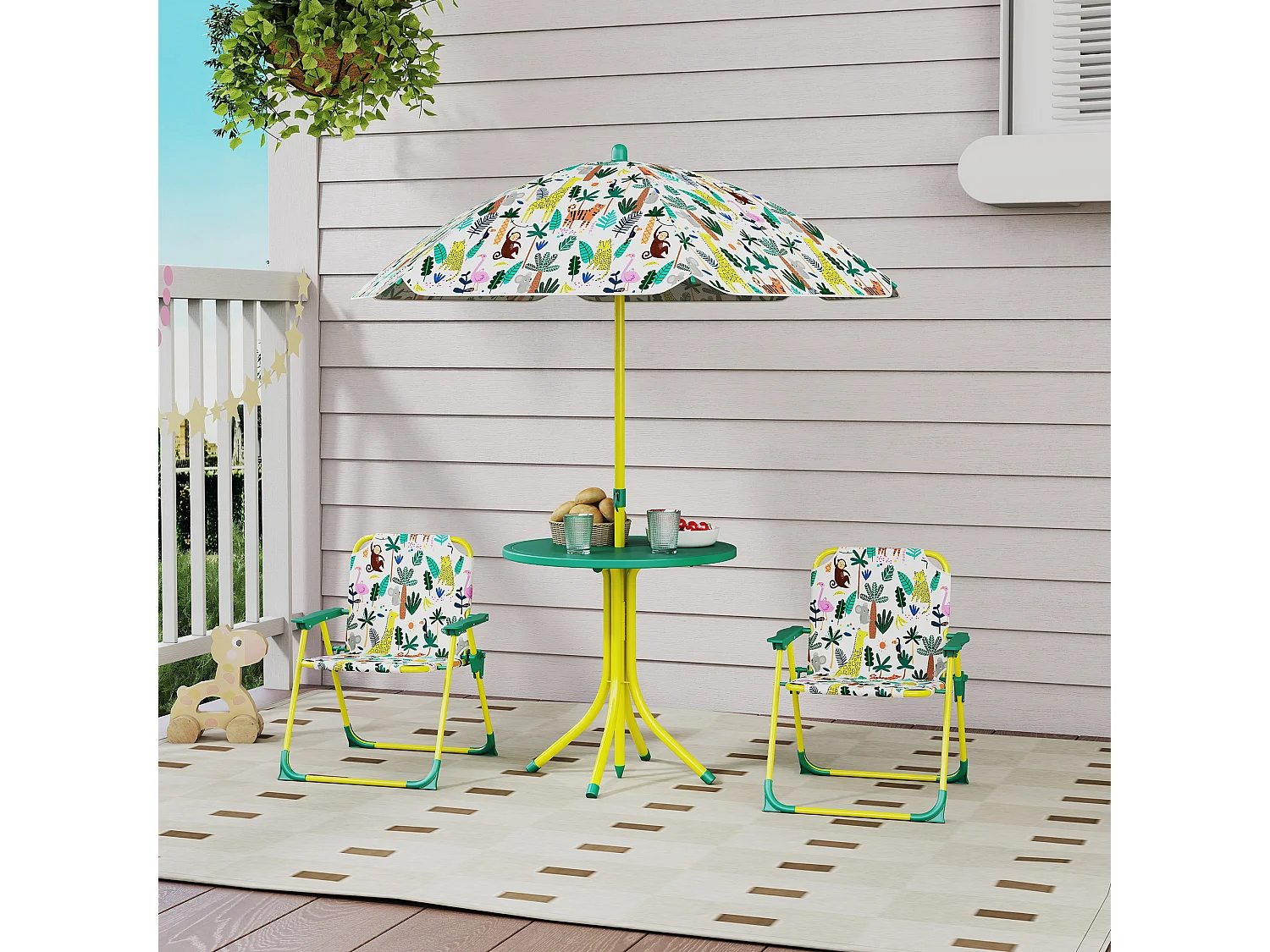 Tavolo da picnic bambini con ombrellone in metallo e poliestere verde