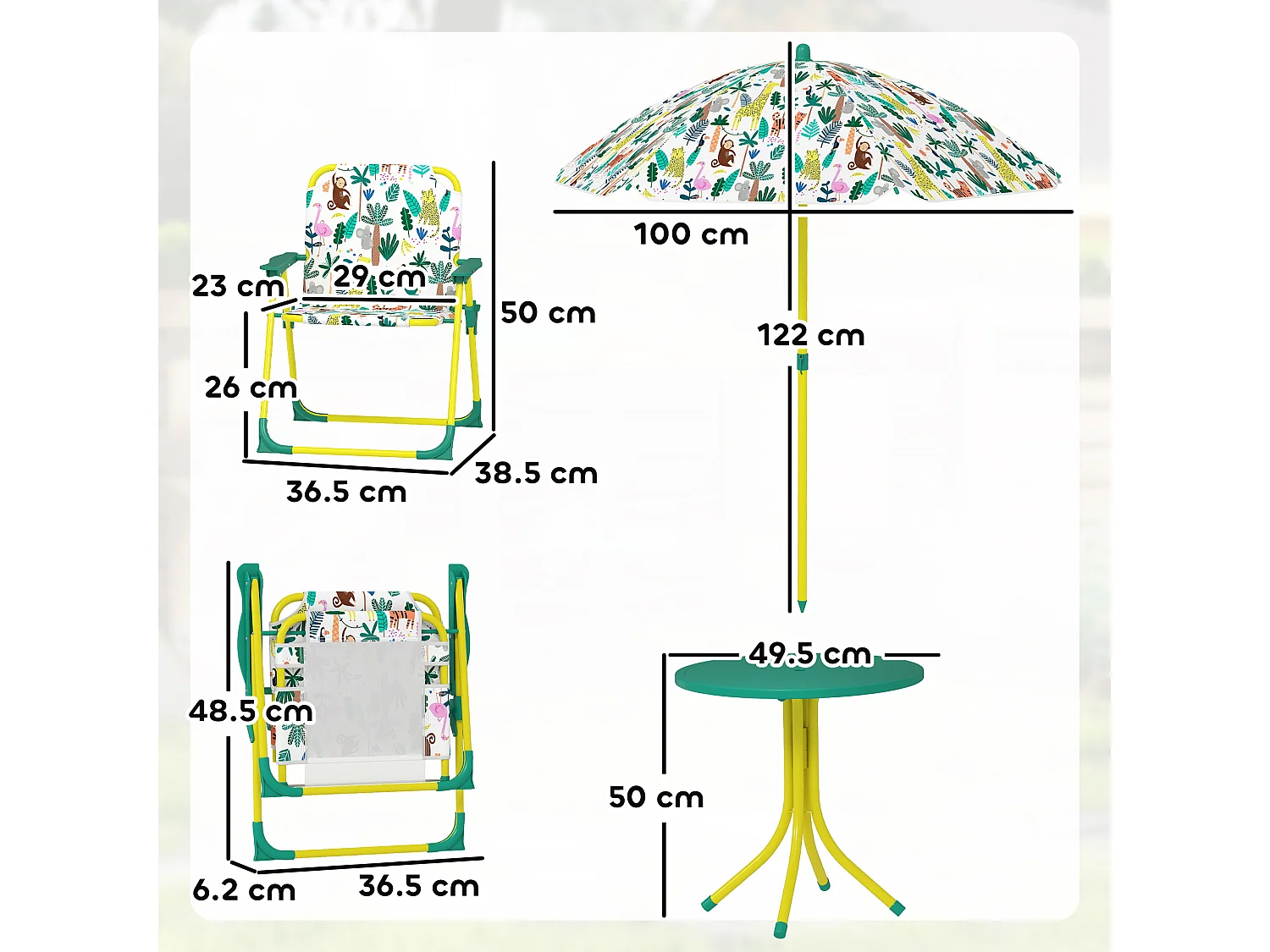 Tavolo da picnic bambini con ombrellone in metallo e poliestere verde