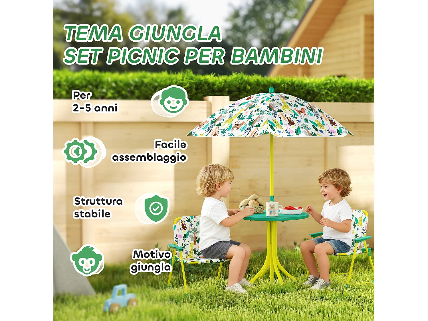Tavolo da picnic bambini con ombrellone in metallo e poliestere verde