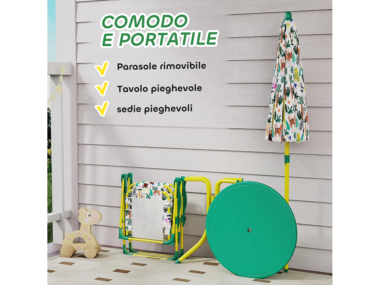 Tavolo da picnic bambini con ombrellone in metallo e poliestere verde