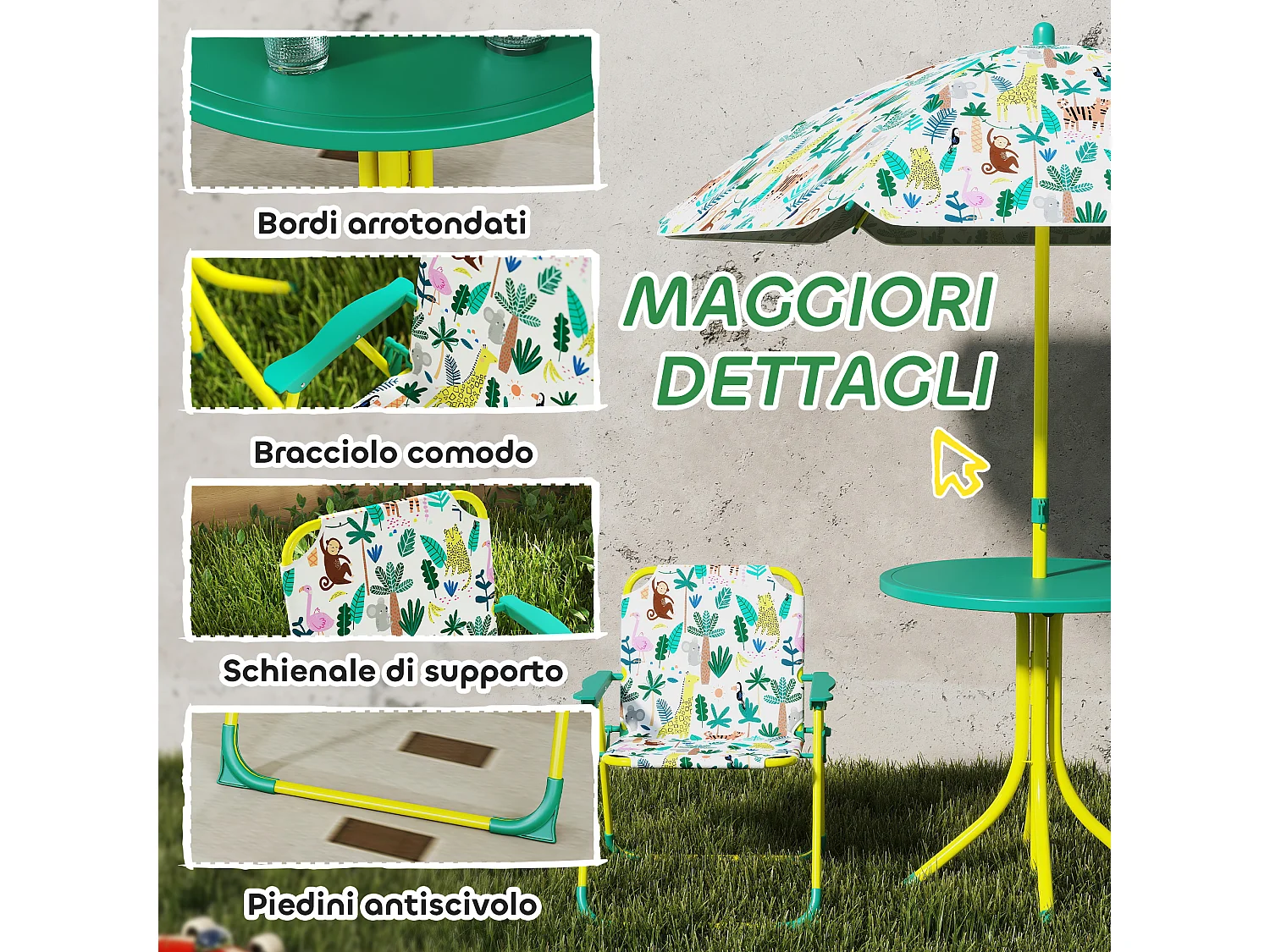 Tavolo da picnic bambini con ombrellone in metallo e poliestere verde