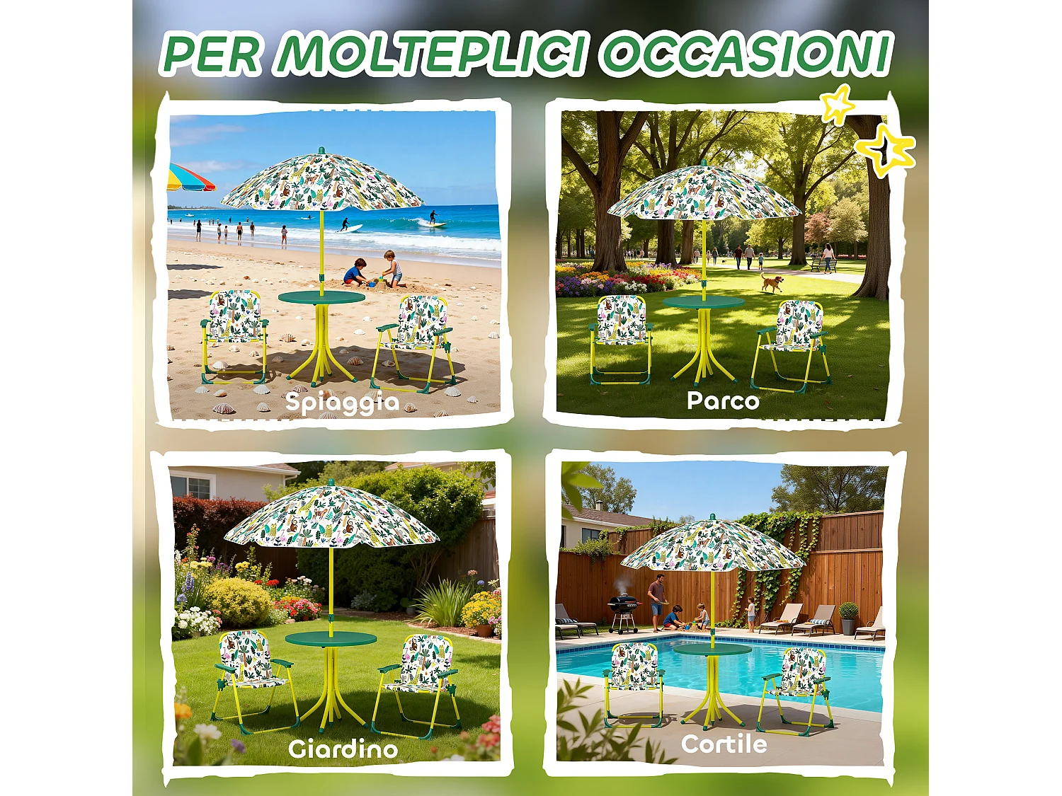 Tavolo da picnic bambini con ombrellone in metallo e poliestere verde