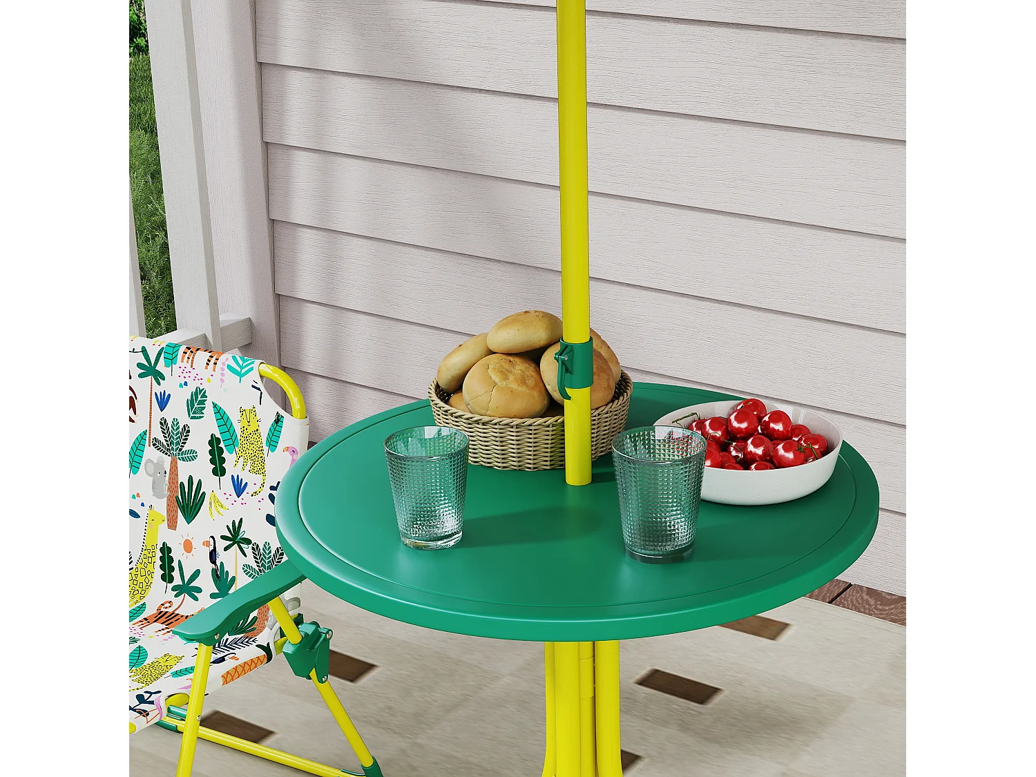 Tavolo da picnic bambini con ombrellone in metallo e poliestere verde