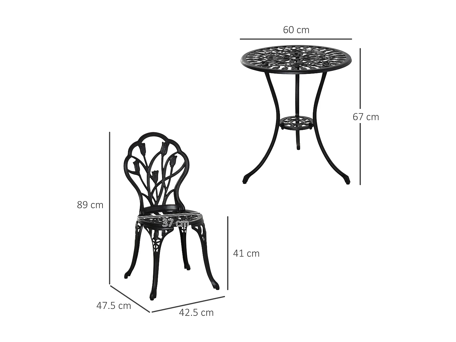 Set da giardino 3 pz con 2 sedie e tavolino rotondo in alluminio nero