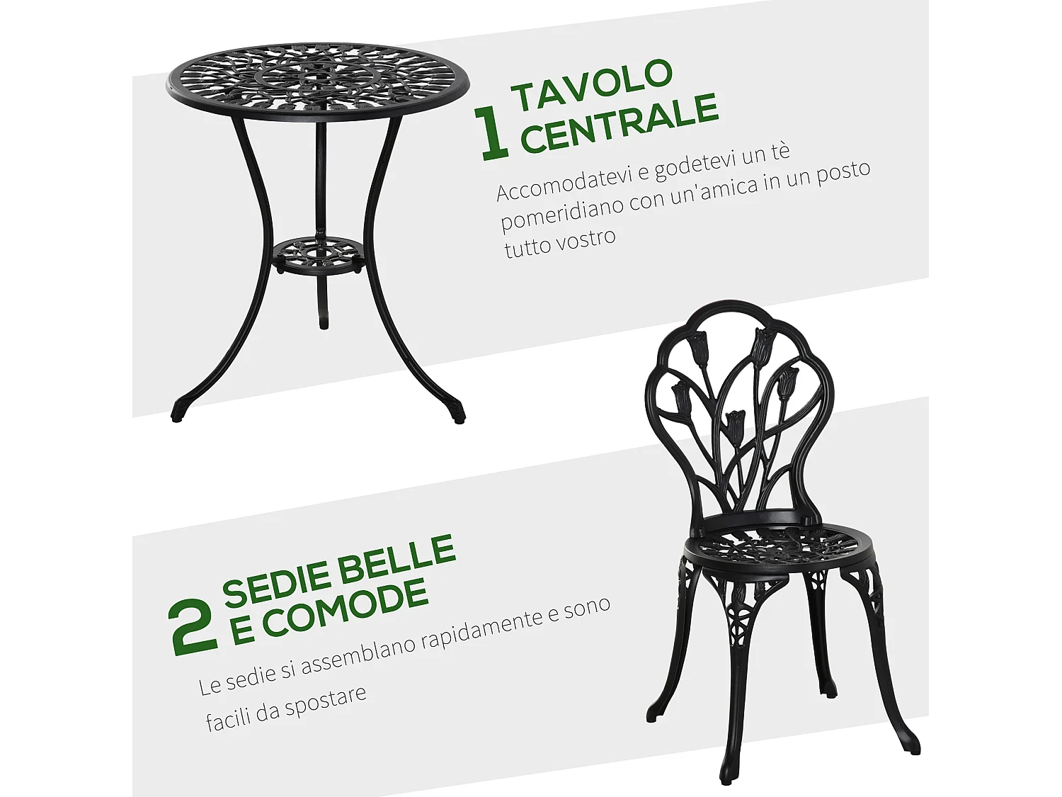 Set da giardino 3 pz con 2 sedie e tavolino rotondo in alluminio nero