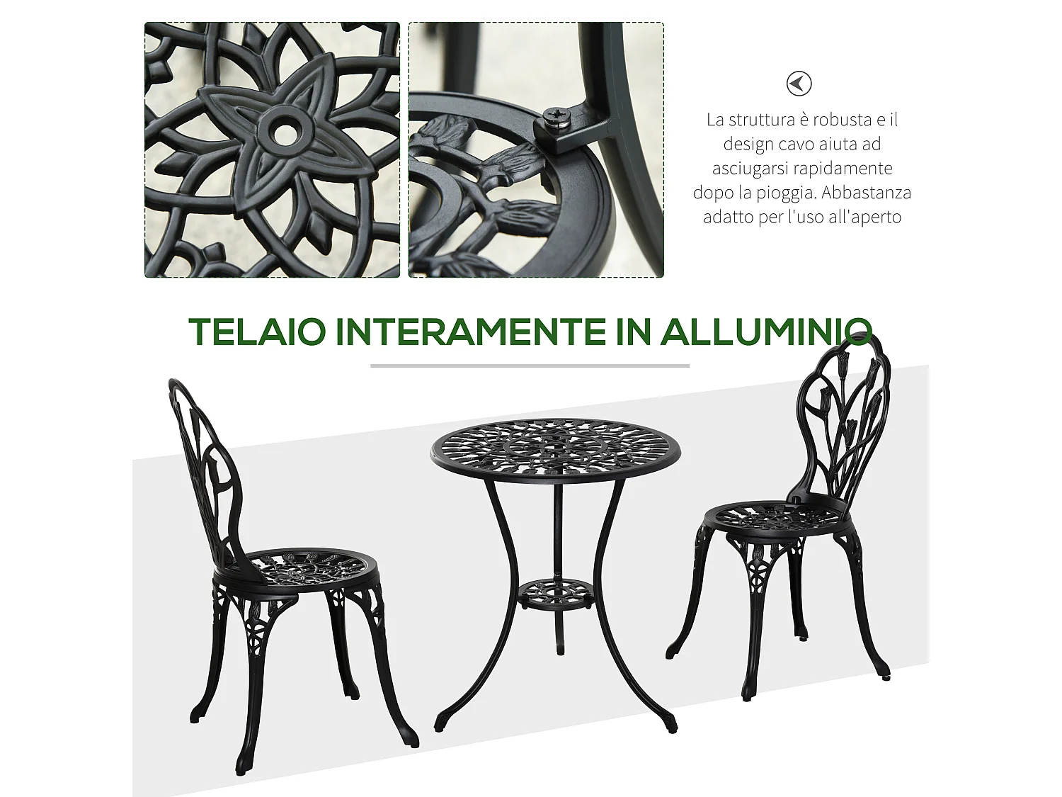Set da giardino 3 pz con 2 sedie e tavolino rotondo in alluminio nero