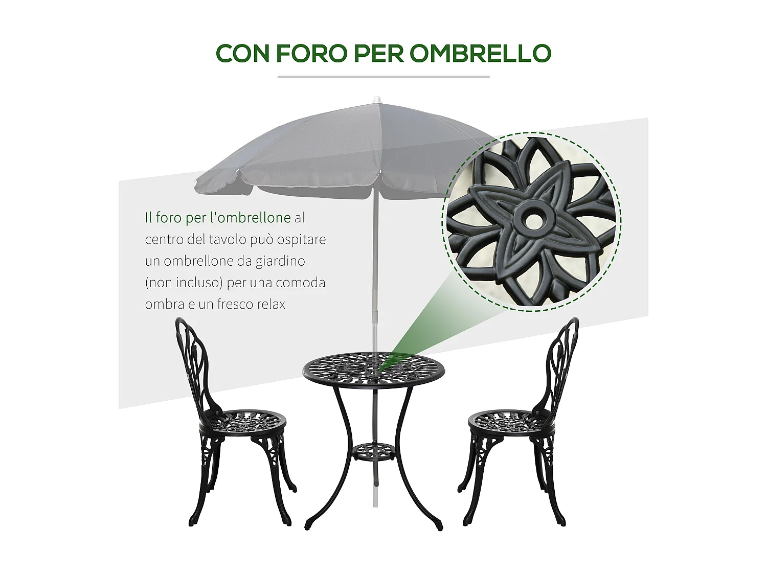 Set da giardino 3 pz con 2 sedie e tavolino rotondo in alluminio nero