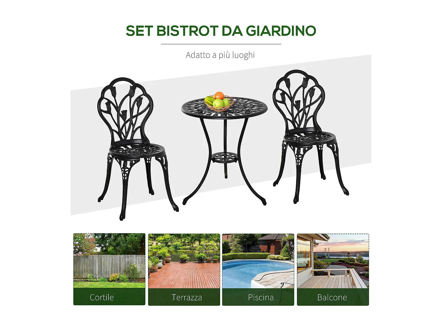 Set da giardino 3 pz con 2 sedie e tavolino rotondo in alluminio nero