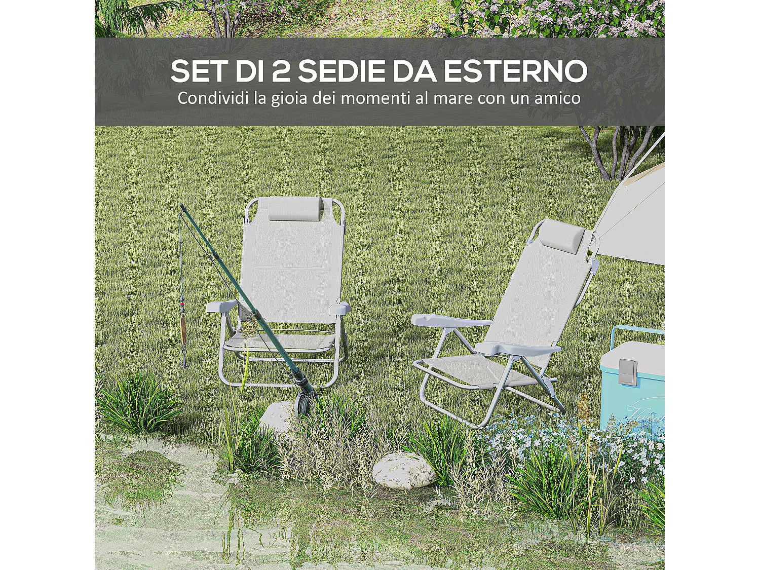 Set 2 sedie da pesca pieghevoli e reclinabili su 6 livelli grigio