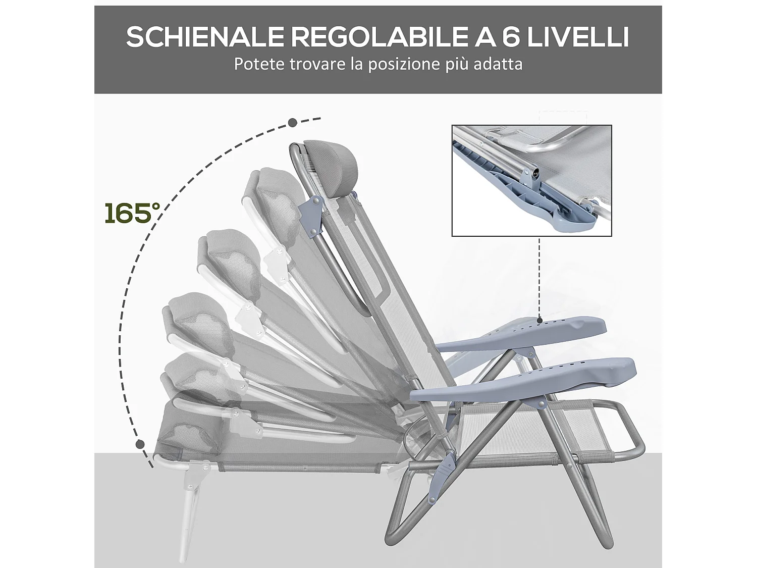 Set 2 sedie da pesca pieghevoli e reclinabili su 6 livelli grigio
