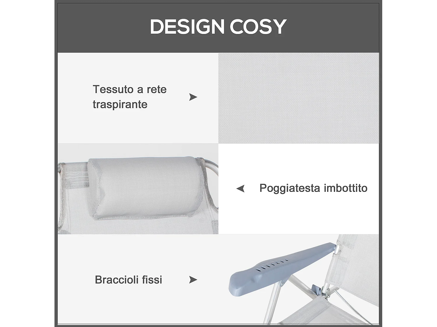 Set 2 sedie da pesca pieghevoli e reclinabili su 6 livelli grigio