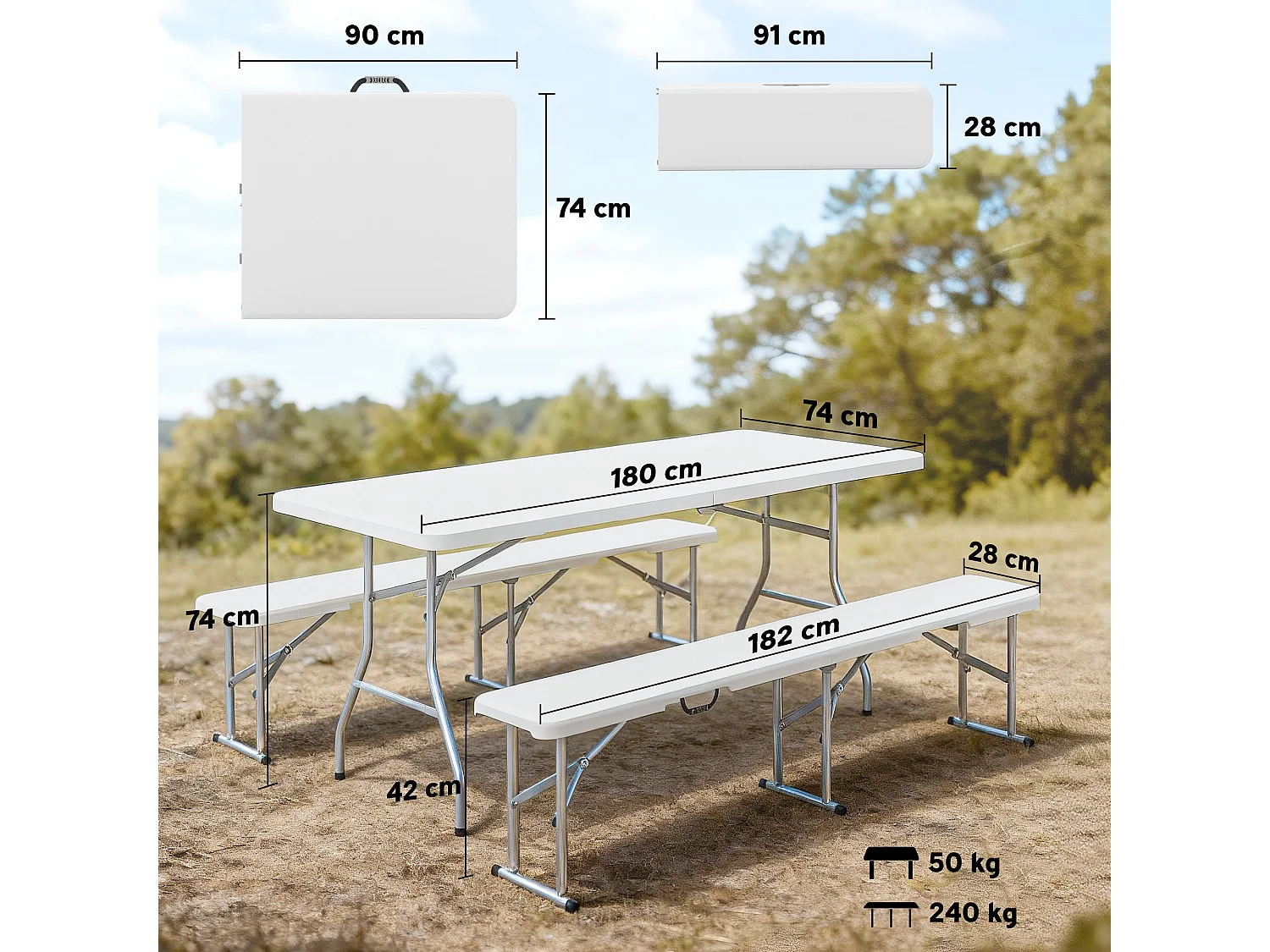 Set da pic nic pieghevole 3 pezzi con tavolo e 2 panche bianco grigio