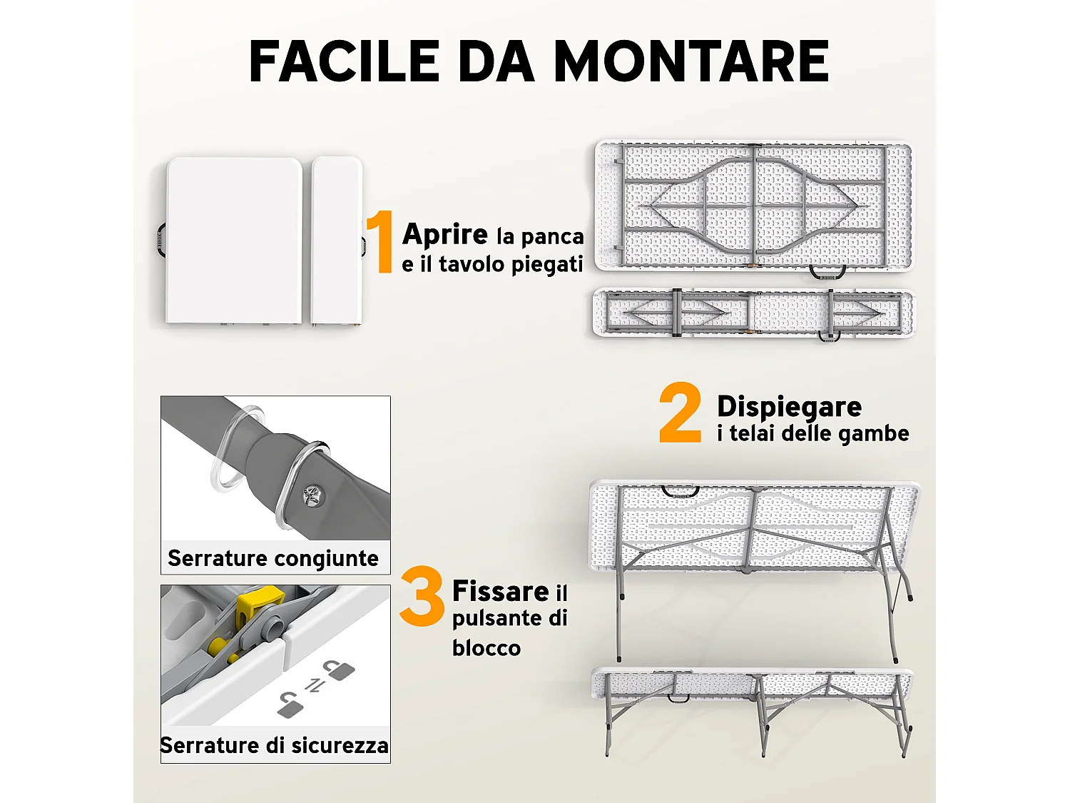 Set da pic nic pieghevole 3 pezzi con tavolo e 2 panche bianco grigio
