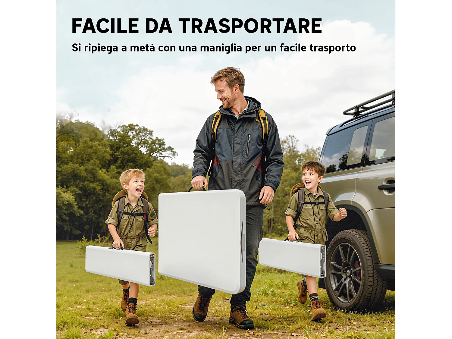 Set da pic nic pieghevole 3 pezzi con tavolo e 2 panche bianco grigio