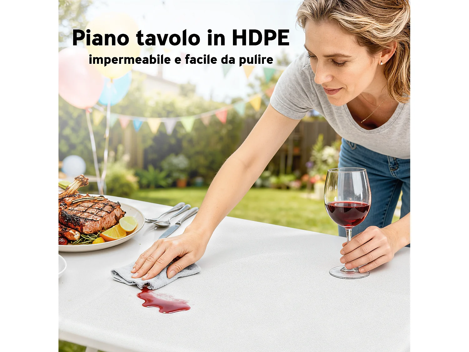 Set da pic nic pieghevole 3 pezzi con tavolo e 2 panche bianco grigio