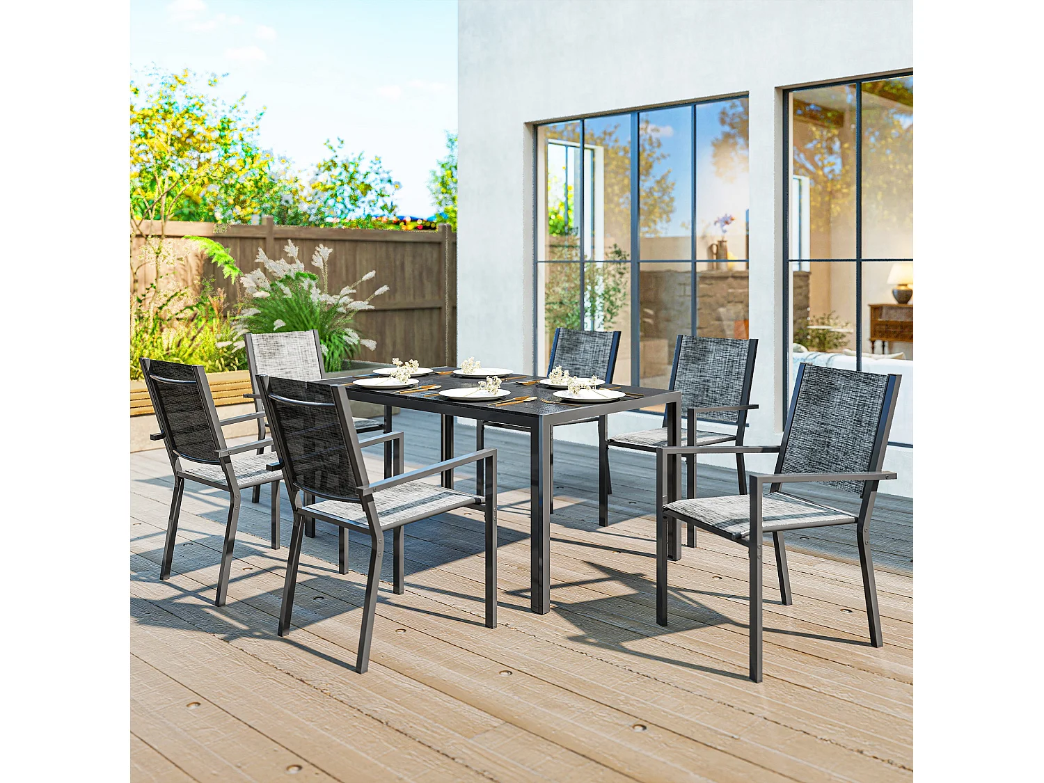 Set da giardino 7 pz con tavolo rettangolare e 6 sedie grigio e nero