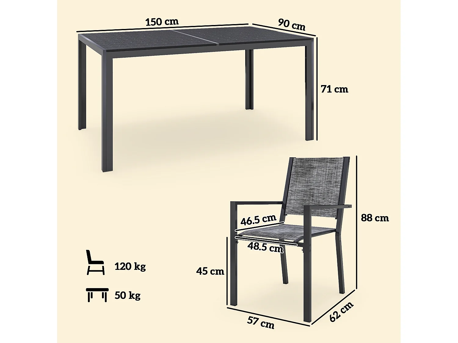 Set da giardino 7 pz con tavolo rettangolare e 6 sedie grigio e nero