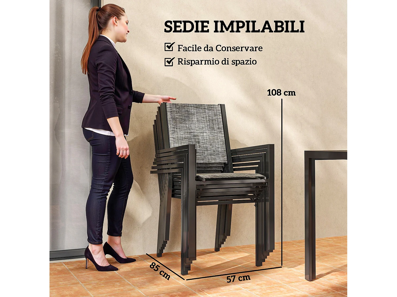 Set da giardino 7 pz con tavolo rettangolare e 6 sedie grigio e nero