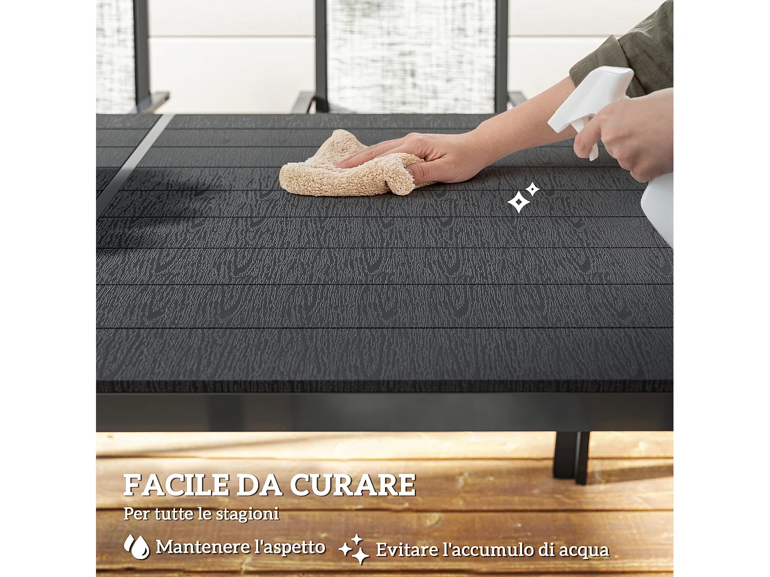 Set da giardino 7 pz con tavolo rettangolare e 6 sedie grigio e nero