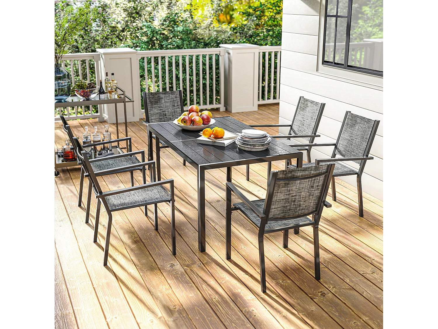 Set da giardino 7 pz con tavolo rettangolare e 6 sedie grigio e nero