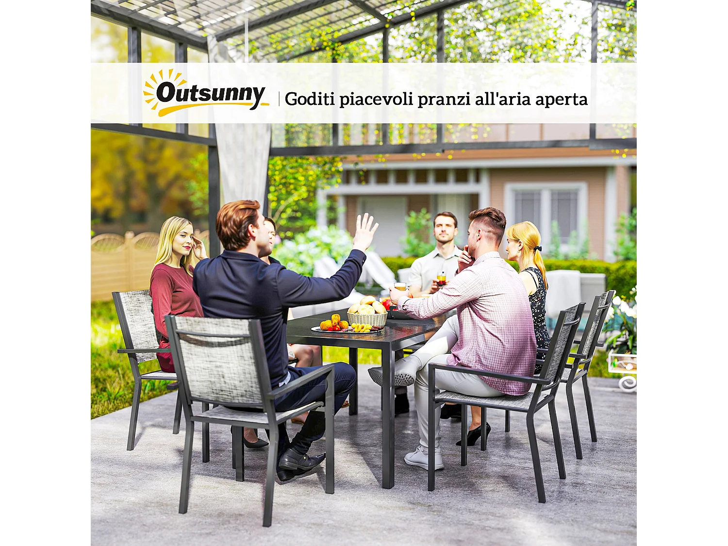 Set da giardino 7 pz con tavolo rettangolare e 6 sedie grigio e nero