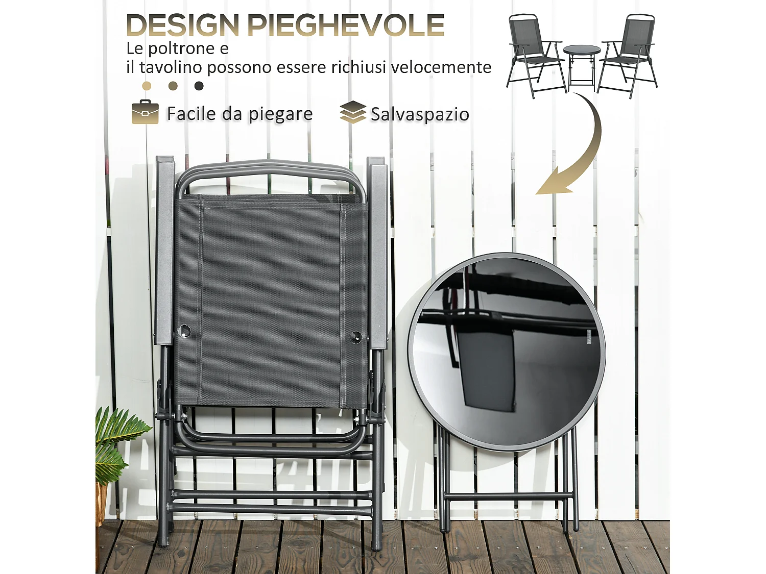 Set da giardino 3 pz con 2 sedie e tavolino da caffè grigio scuro